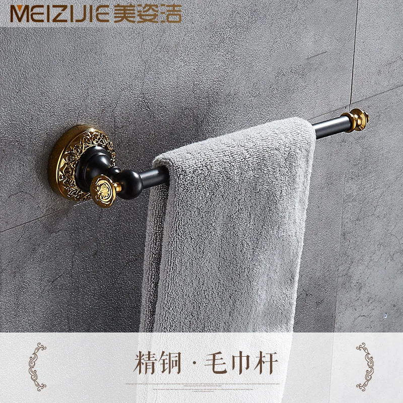 towel ring 2 All copper black gold bath towel rack furniture rack european-style black copper wire drawing bathroom hardware hook suit - Color: towel ring 2