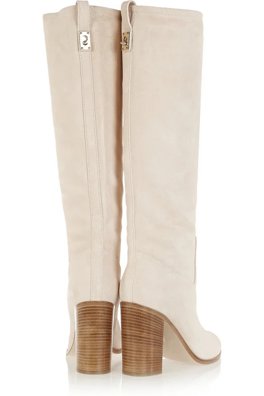 Женские замшевые сапоги до колена бежевые или белые высокие на массивном высоком