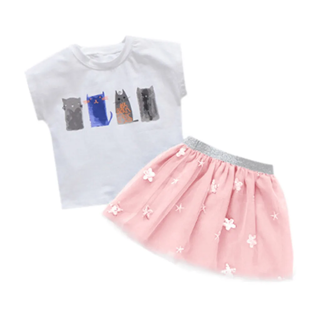 Toddler Baby Girls Cat Print T-Shirt Tops+Floral Star TuTu Tulle Skirts Outfits | Детская одежда и обувь