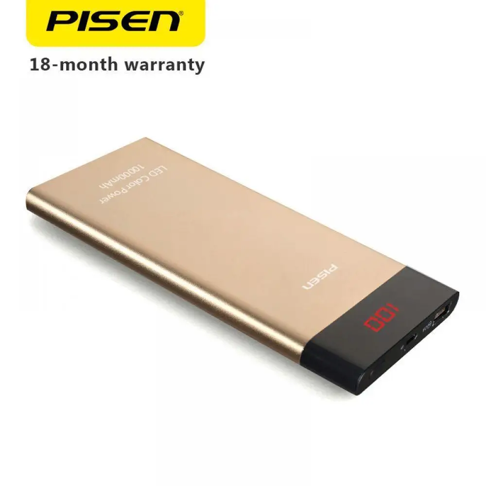 Повербанк Pisen 10000 мАч в ультратонком корпусе с двумя выходами USB и LED-экраномДва Smart USB выхода на 2.4A/1.5A поддерживают зарядку двух устройств одновременно