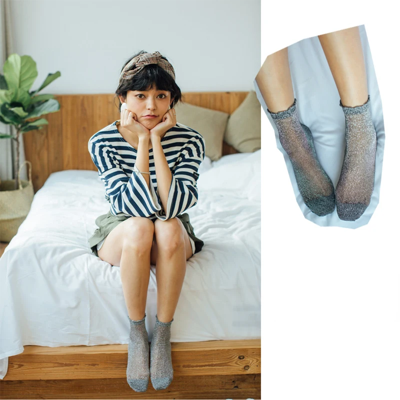 Women Fashion Shiny Socks Trendy Girls Glitter Ankles Socks Spring Summer Thin Gauze Transparent Lady Sox Cute Soft Meias