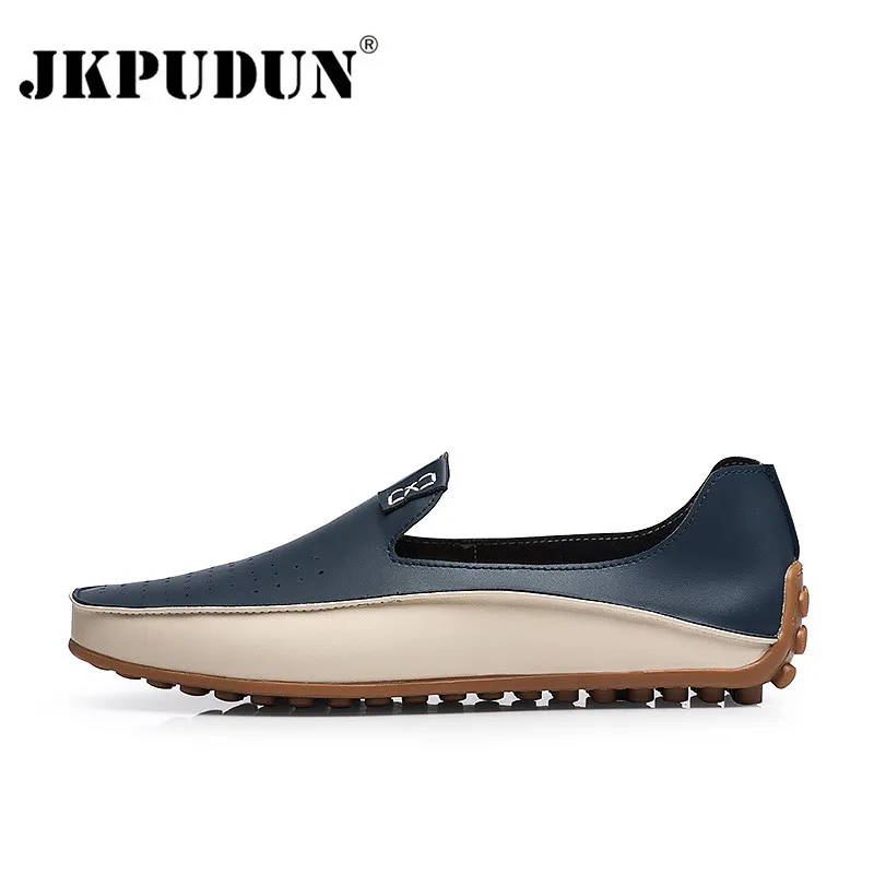 Blue JKPUDUN/большие размеры; мужская повседневная обувь из натуральной кожи; водонепроницаемые Мокасины без шнуровки; Роскошные Брендовые мужские лоферы; мокасины; итальянская дизайнерская обувь - Цвет: Blue