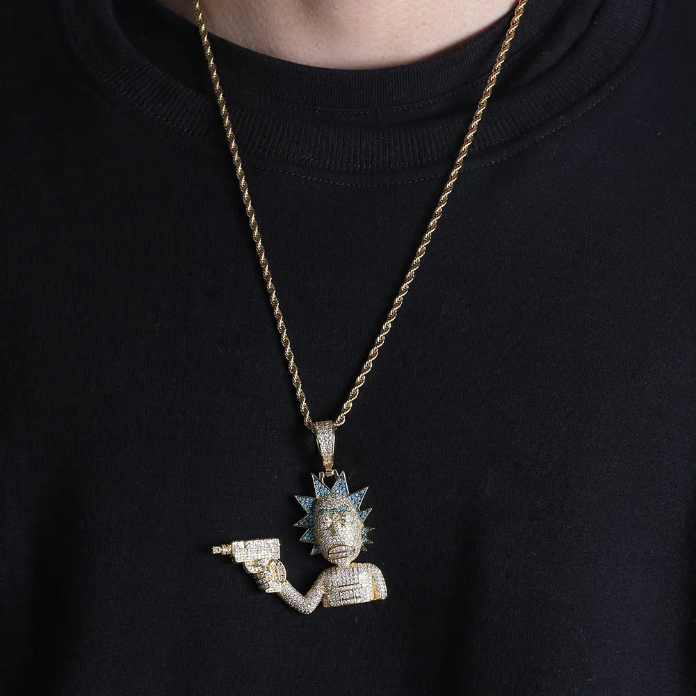 GUCY Рик и Морти кулон ожерелье все Iced Out Micro Pave кубического циркония мужские хип хоп ювелирные изделия Позолоченные талисманы подарок