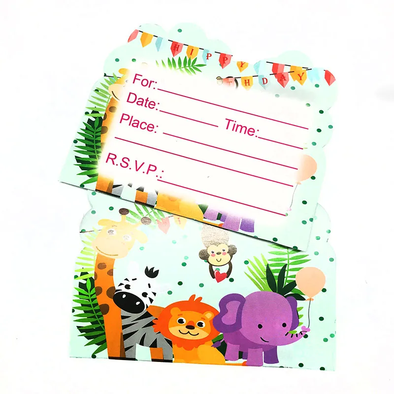 10pcs Invitation Одноразовые столовые наборы для вечеринки в стиле сафари с животными из мультфильмов, Детские вечерние принадлежности на день рождения - Цвет: 10pcs Invitation