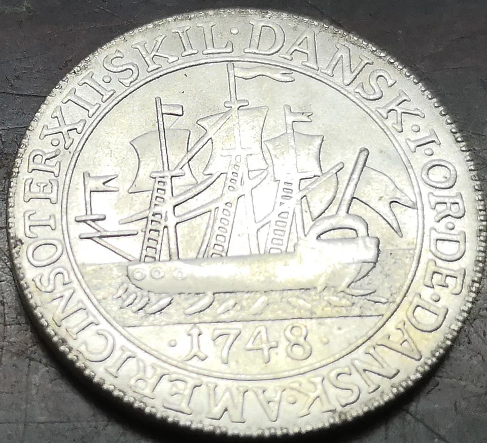 1748 Датская Западная Индия 12 скеллингов-Фредерик в Посеребренная копировальная