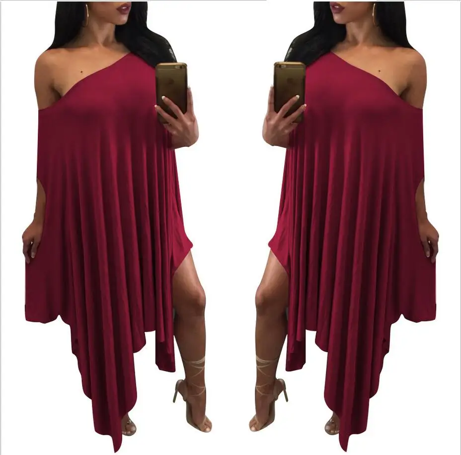 Новинка, секция, сексуальная мода, свободная, однотонная, плиссированная, One_shoulder, асимметричная, многоцветная, рукав "летучая мышь", vestidos