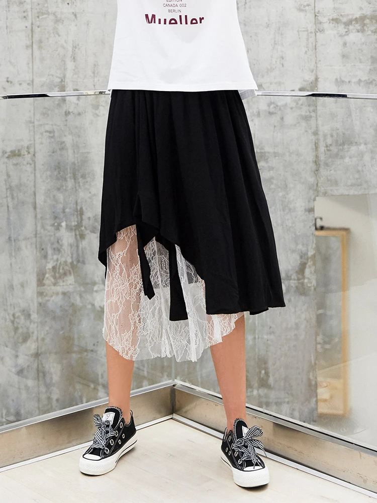 AOLI Women Long Skirt Black White Splice Elastic Plus Size Lace High Waist Irregular Hem Pleated Female Midi DBQ909017 | Женская одежда