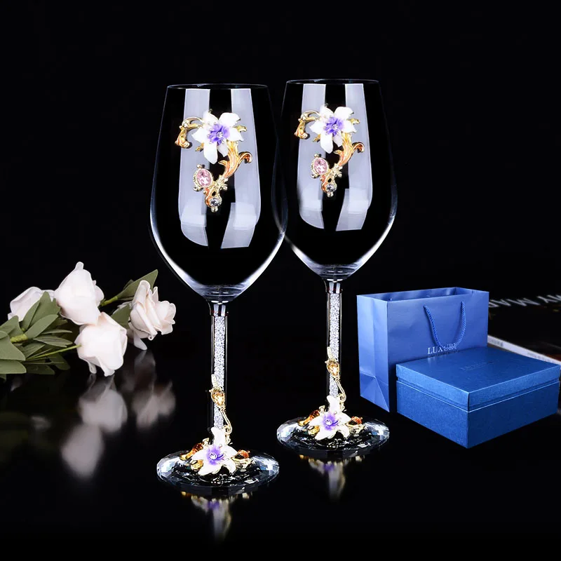 2pcs purple flower Европа Эмаль Красное вино стеклянная чашка Ретро Кубок Кристалл наборы чашек бокалы для шампанского чашки свадебные бокалы домашняя Питьевая Посуда - Цвет: 2pcs purple flower