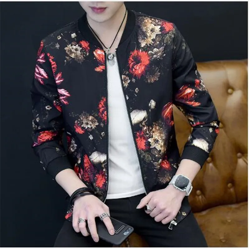 Весна Осень 2020 мужская куртка бомбер с цветочным принтом Модная приталенная