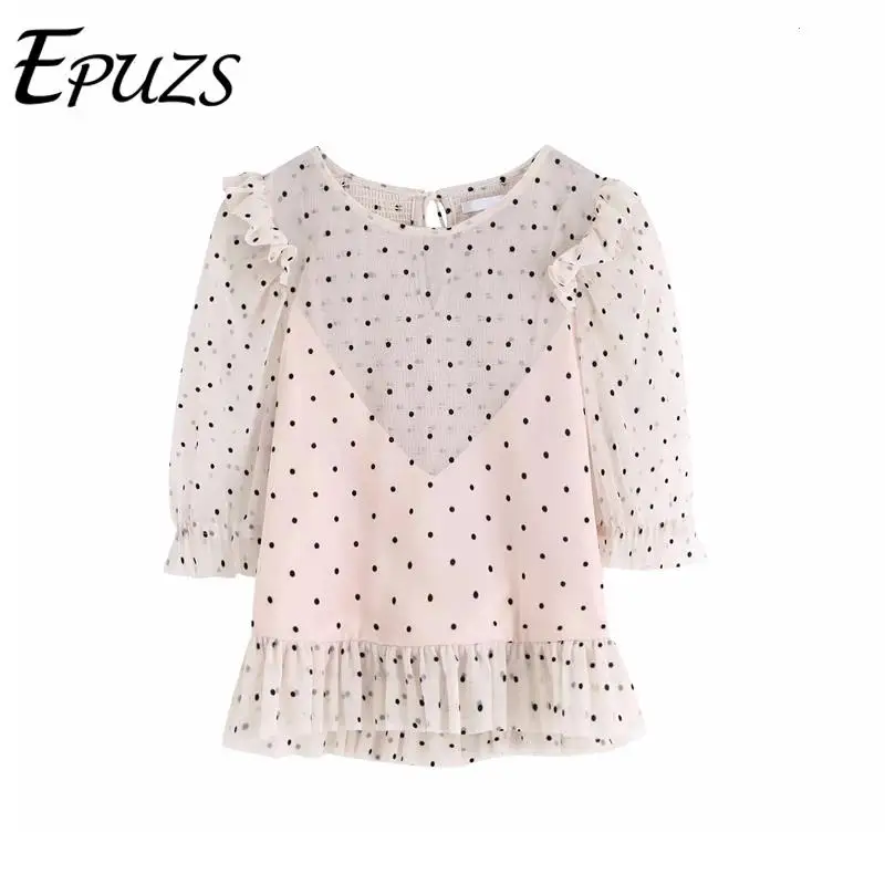 Летняя шифоновая женская блузка в горошек корейская модная одежда Повседневная