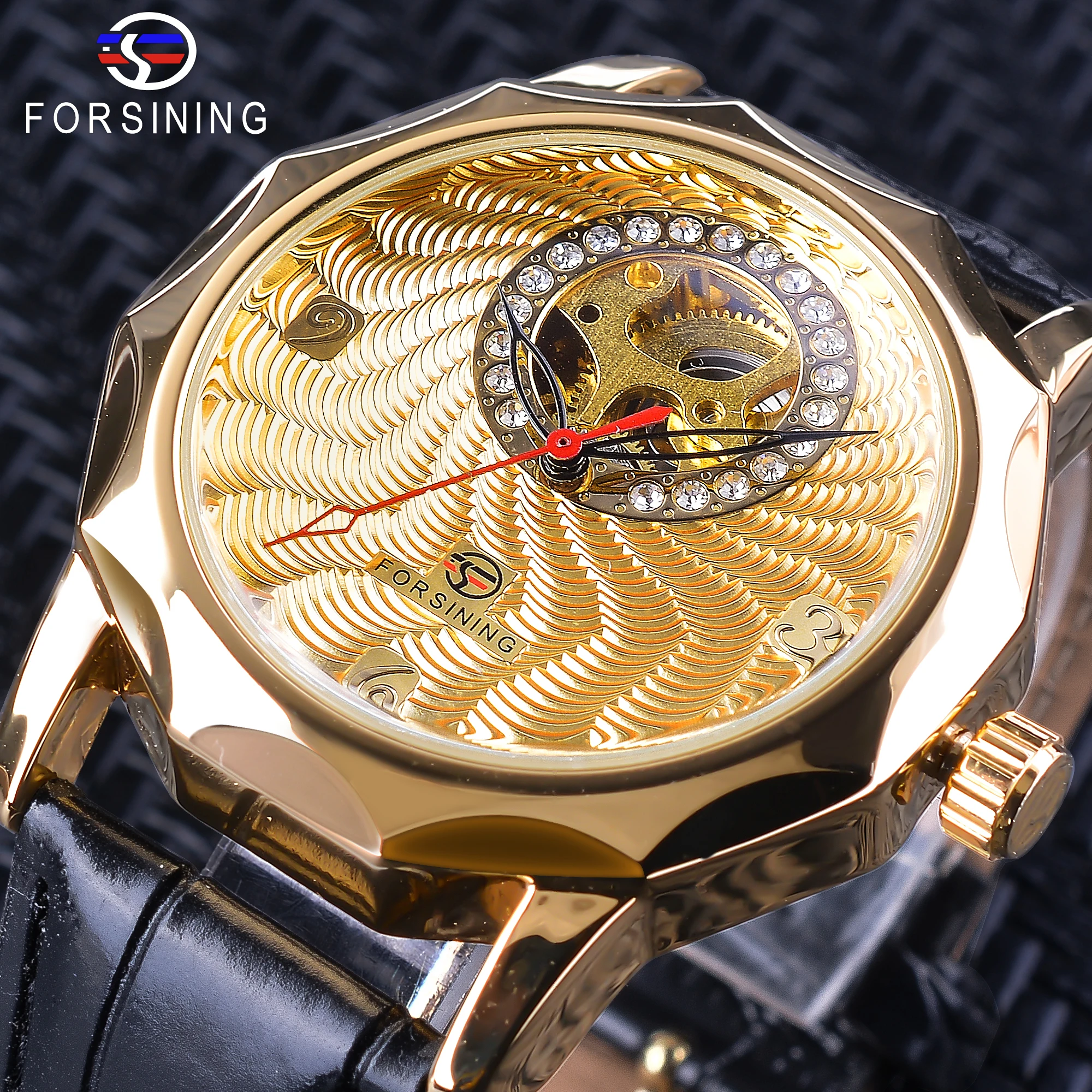 Forsining Мужские механические часы с бриллиантовым дисплеем уникальный дизайн