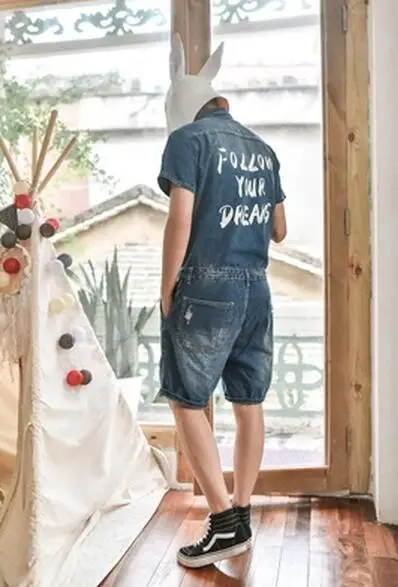 Новый Модный повседневный мужской джинсовый комбинезон с коротким рукавом пятью