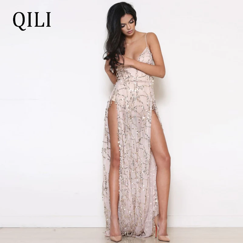 Женское платье с блестками QILI длинное вечернее на тонких бретельках треугольным