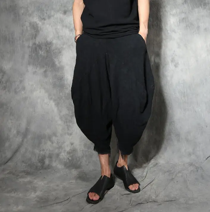 Male vintage ankle length trousers mens personality flash bloomers linen loose chinese style harem pants mens black personalized