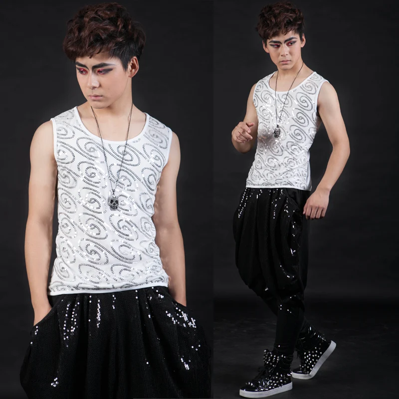 

Men's Fashion Silver paillette intensive ds vest costumes personalized stage performance wear nightclub singer dancer wear