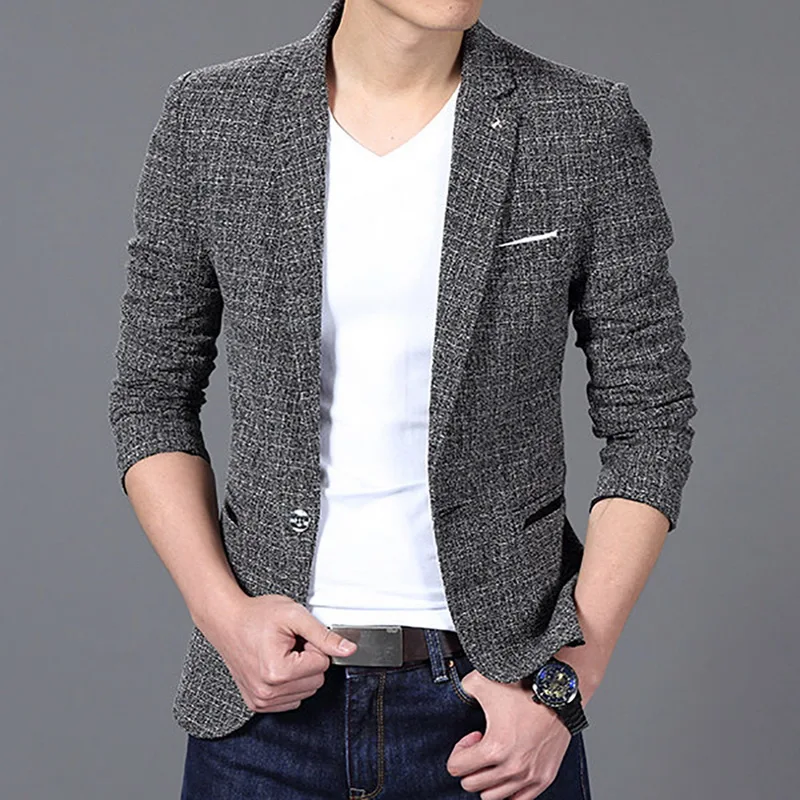 Осень Для мужчин приталенный с одной пуговицей Блейзер Малый мужской пиджак