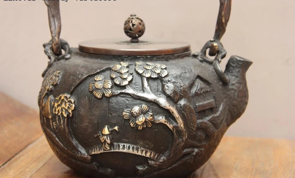 Archaic Jepanese Железный Серебряный позолоченный весенний вспашки бутылка для воды