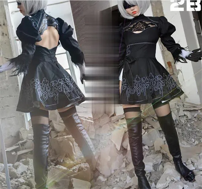 Nier Automata Cosplay Shoes YoRHa 2B Knee Length PU Leather Boots Black High Heels Lace-up A432 | Тематическая одежда и