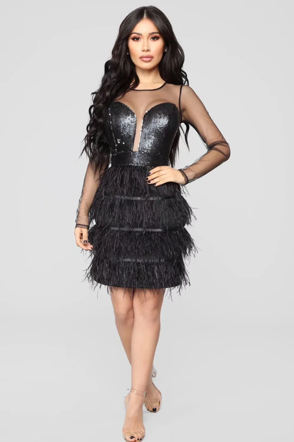 New Arrival Sexy Long Sleeve Mesh Sequins Feather Bandage Dress 2019 Knitted Elastic Bodycon Party | Женская одежда