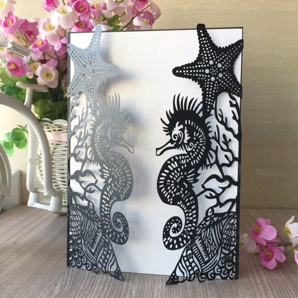 

50Pcs Laser Cut paper craft Beach Theme Seahorse Wedding Invitation Card Customized Birthday Party Invitation Card Suppliers