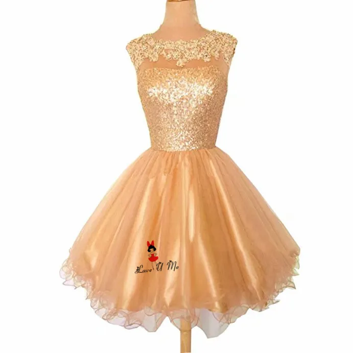 Modest New Year Champagne Gold Prom Dresses Short 2018 Sequined Lace Homecoming Party Dress Above Knee Open Back Gala Jurken | Свадьбы и