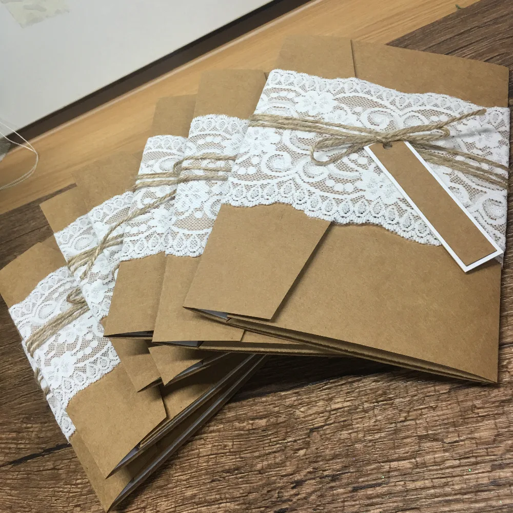 Luxurious kraft paper vintage wedding invitation card laser cutting 3d pocket invitation card design without lace and decoration images - 6