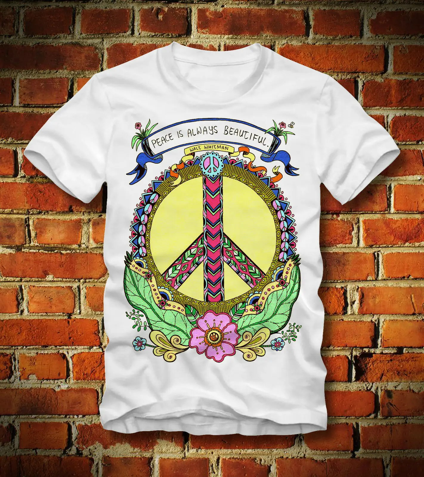 Футболка мир всегда красивая WALT WHITMAN FLOWER POWER HIPPIECartoon Мужская Унисекс Новая модная
