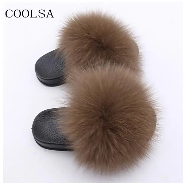 Brown COOLSA/детские меховые тапочки; домашние теплые пушистые тапочки из лисьего меха для девочек; Плюшевые сандалии из ПВХ на плоской подошве; детские тапочки на заказ - Цвет: Brown