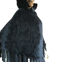 Hooded Fur Wraps Winter Women Real Mink Fur Shawl Female Knitted Poncho Cape Coat BLACK
