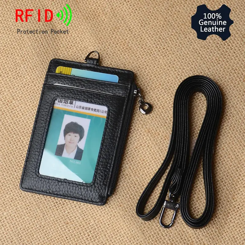 Двойной держатель для ID бейджа со шнурком, кошелек для карт из натуральной кожи, 5 карт и слот, 1 Боковая Блокировка Rfid, карман на молнии, тонкий чехол для карт