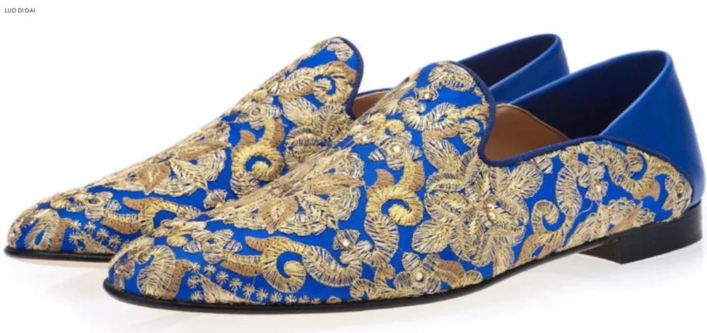 2019 Royal Men party shoes blue casual flowers embroidery lazy vintage style Boat slip on smoking loafers | Обувь