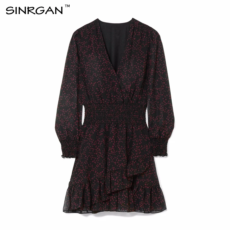 SINRGAN Black v-neck elegent sexy club dresses women vestidos Slim long sleeve solid summer dress Chiffon A-line vintage | Женская