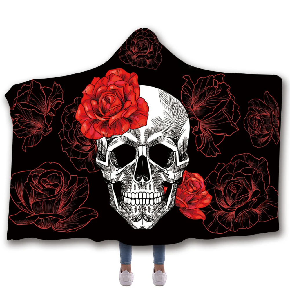 

Scarves & Wraps Hooded Blanket 3D Print Harajuku red flowers skull black bottom hooded poncho scarf shawl manteau femme hiver
