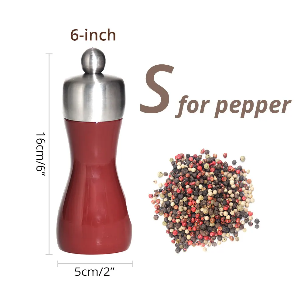 6 inch for PEPPER Высококачественная деревянная мельница для соли и перца, буковая мельница для перца, шейкеры с регулируемой углеродистой сталью или керамическим сердечником, ярко-красный - Цвет: 6 inch for PEPPER