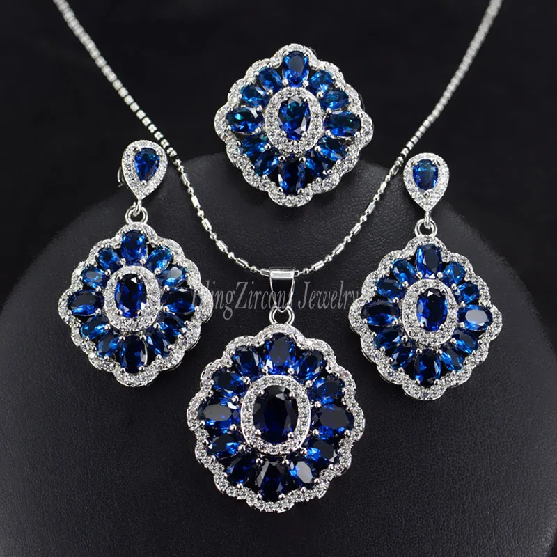 Dark Blue BeaQueen цветной фианит турецкое серебро 925 ювелирные изделия большое кристаллическое кольцо серьги и цепочка ожерелье наборы для женщин JS055 - Окраска металла: Dark Blue