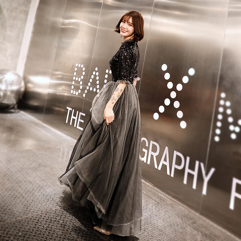 Robe de soiree Черное длинное платье с круглым вырезом кружевной отделкой бисером