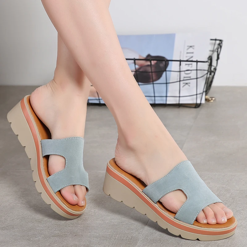 OUKAHUI Fashion Genuine Leather Thick Soled Sandals Women Shoes Summer Wedges Cow Suede Increased 6cm Beach Slippers New | Обувь
