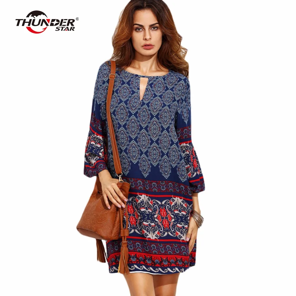 

Women Boho Dress Ladies Vintage Ethnic Retro Dresses Multicolor Tribal Print Cut Out Three Quarter Sleeve Short Dress LX5