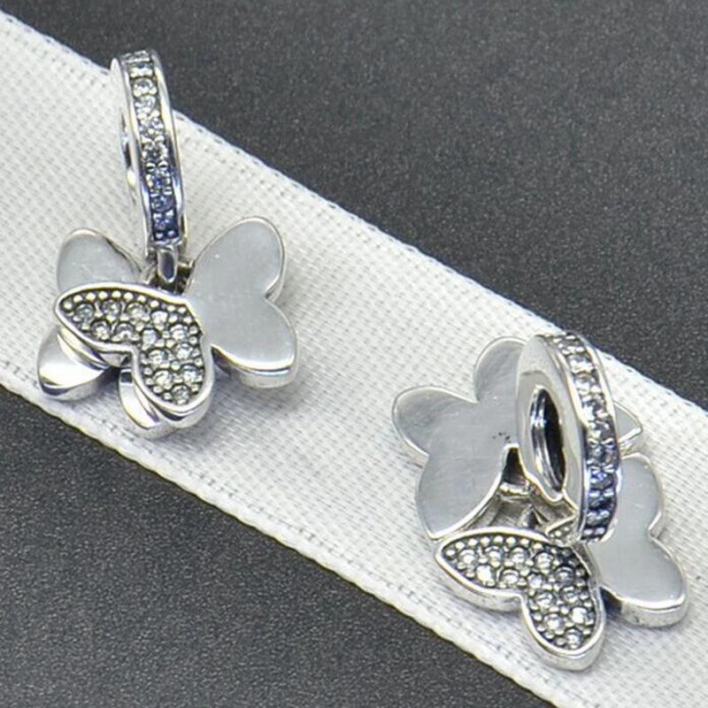 Подвеска стразы из серебра 100% пробы с 2 бабочками подходящая для европейского