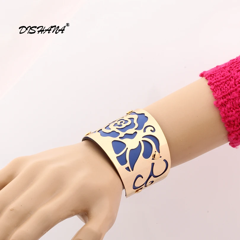 Женский браслет манжеты широкий кожаный золотого цвета с розами S0001|bangles for women|flower