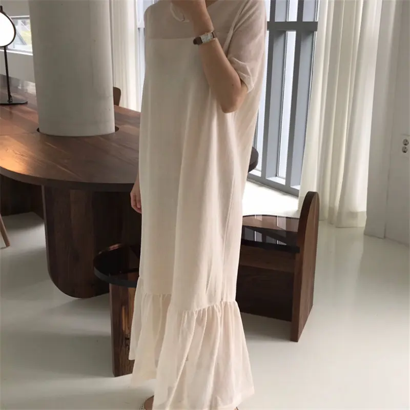 HziriP Loose Trumpet Korea 2019 Summer Elegant Chic Fresh Slender Casual Mermaid Thin Short Sleeves Women Free Beige Dresses | Женская