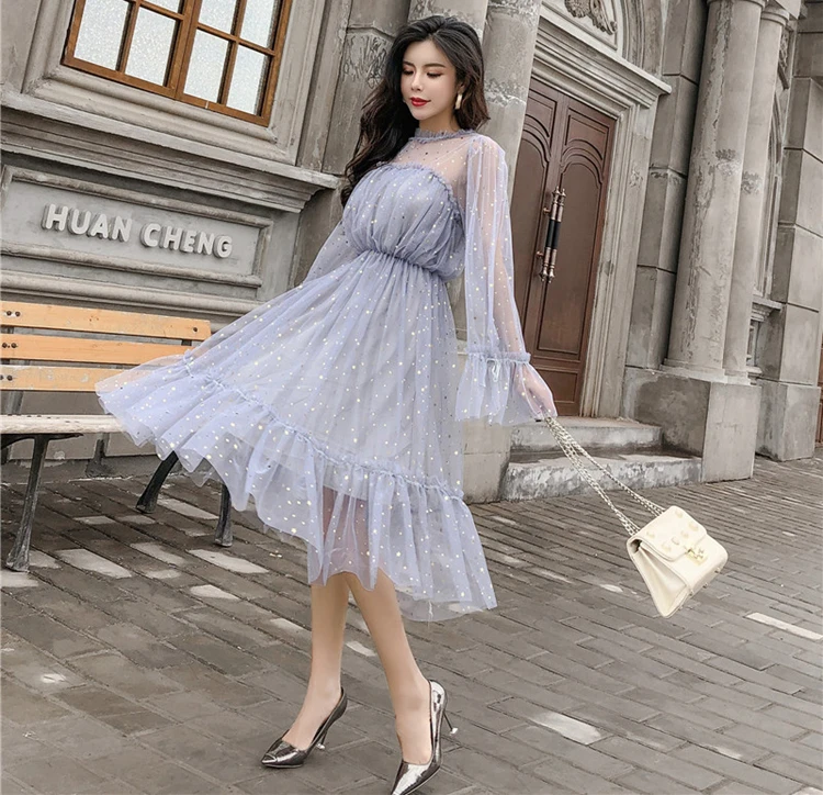 Young Gee Модные женские прозрачные платья с блестками vestidos verano романтическое сексуальное Сетчатое милое свободное платье с оборками