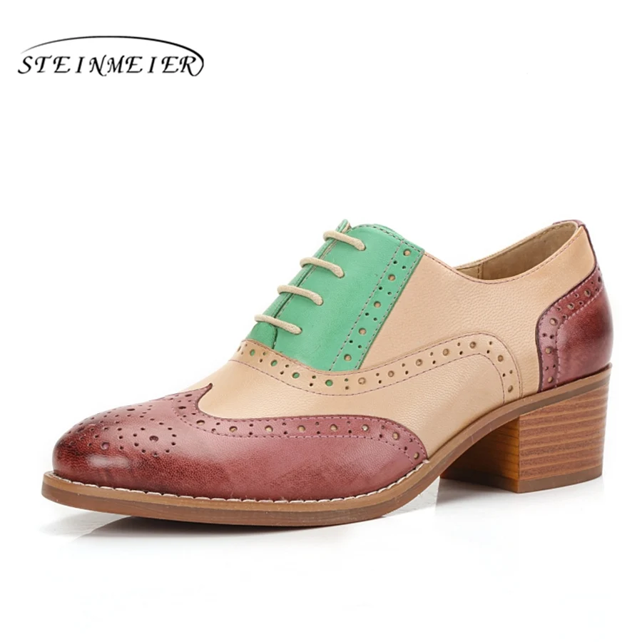 Green 4.7cm Yinzo/женские туфли-оксфорды; винтажные женские туфли-лодочки из натуральной кожи; женские туфли-оксфорды на каблуке; цвет черный, коричневый; коллекция года; сезон весна - Цвет: Green 4.7cm