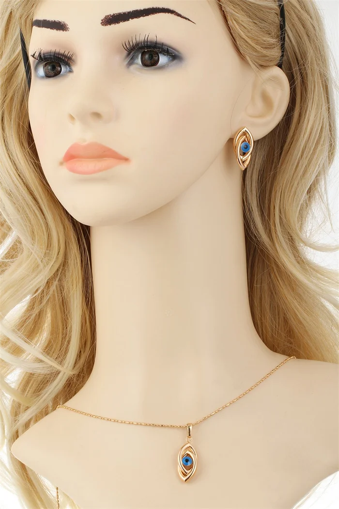 new Double Twisted Blue Evil's Eyes Jewelry Sets Gold Color Pendant Necklace Stud Earrings for Women Girls Jewellery | Украшения и