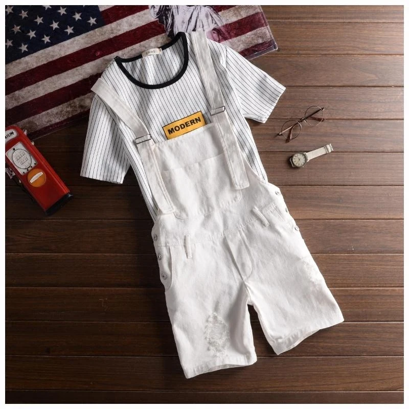 Бесплатная доставка 2019 Модные мужские комбинезоны шорты на лямках модные рваные