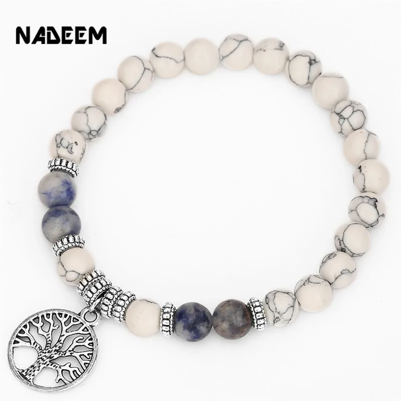 NADEEM Прямая поставка 8 мм Howlite камень бисера дерево кулон браслет и для женщин