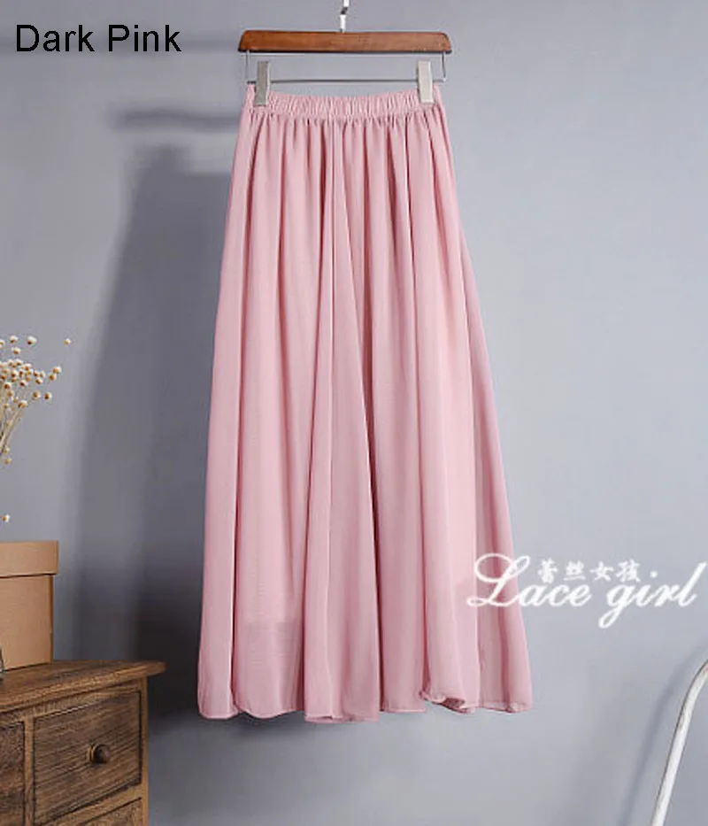 Dark Pink Женская элегантная шифоновая юбка с высокой талией, эластичная резинка на талии, повседневные длинные макси юбки Saias 80/90/100 см, 22 цвета, лето-осень, Новинка - Цвет: Dark Pink