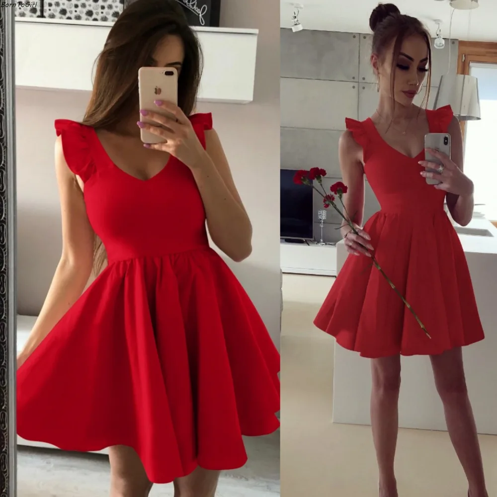 Женское платье с оборками BornToGirl Черное и красное v образным вырезом весна лето