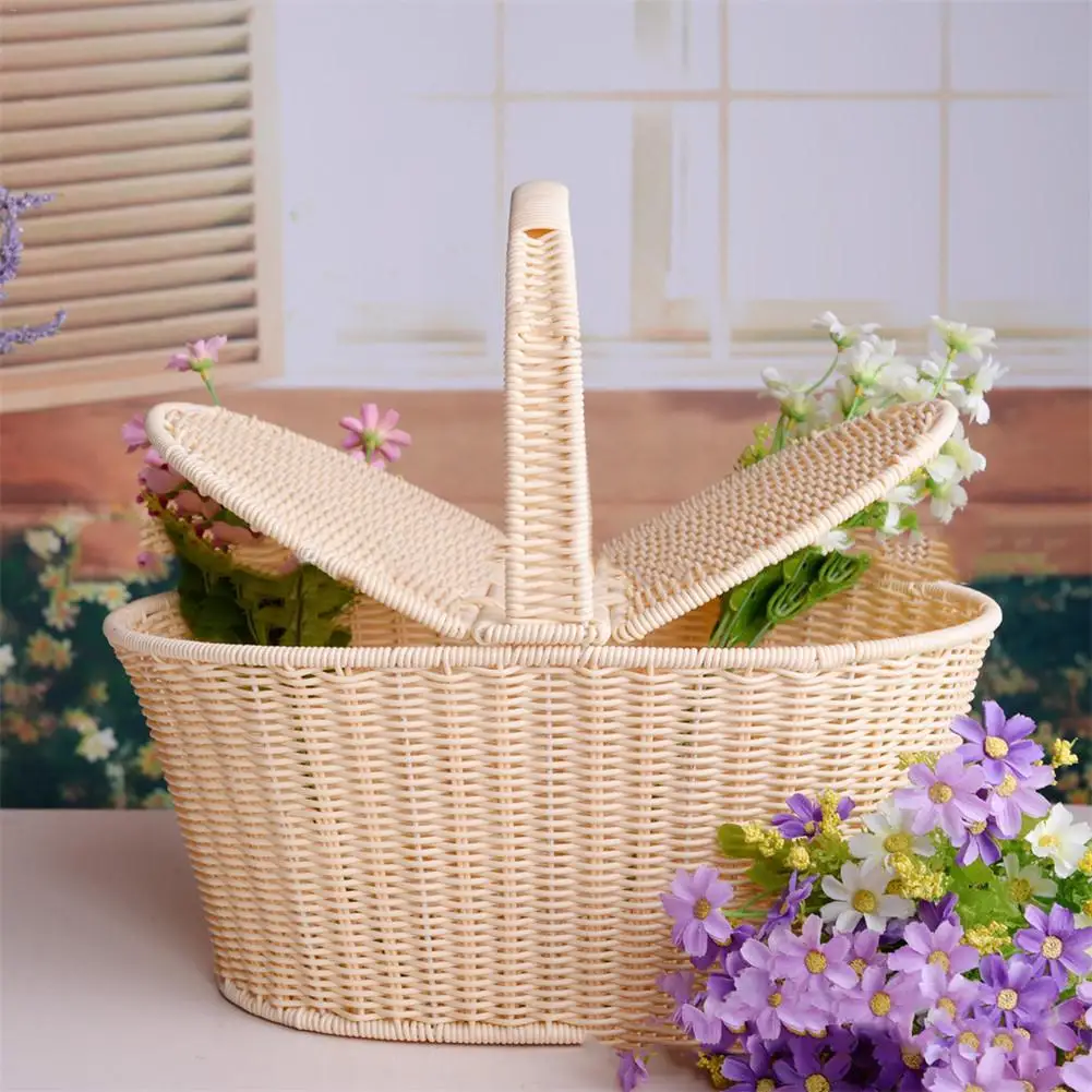 

Artificial Rattan Woven Hand basket Hotel Cleaning Basket Shopping Picnic Food Fruit Sundries Container Flower Pot With Cover