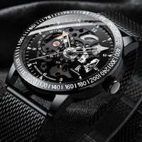 fashion stainless steel mesh band transparent classic black movement skeleton mens male mechanical wrist watch top brand luxury